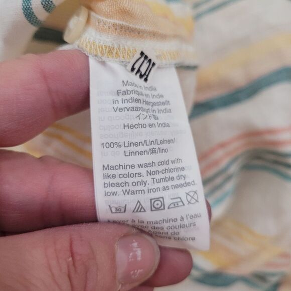 Madewell Pineapple Stripe Linen Short Sleeve Button Up Tie Front Top Size L - Picture 5 of 6